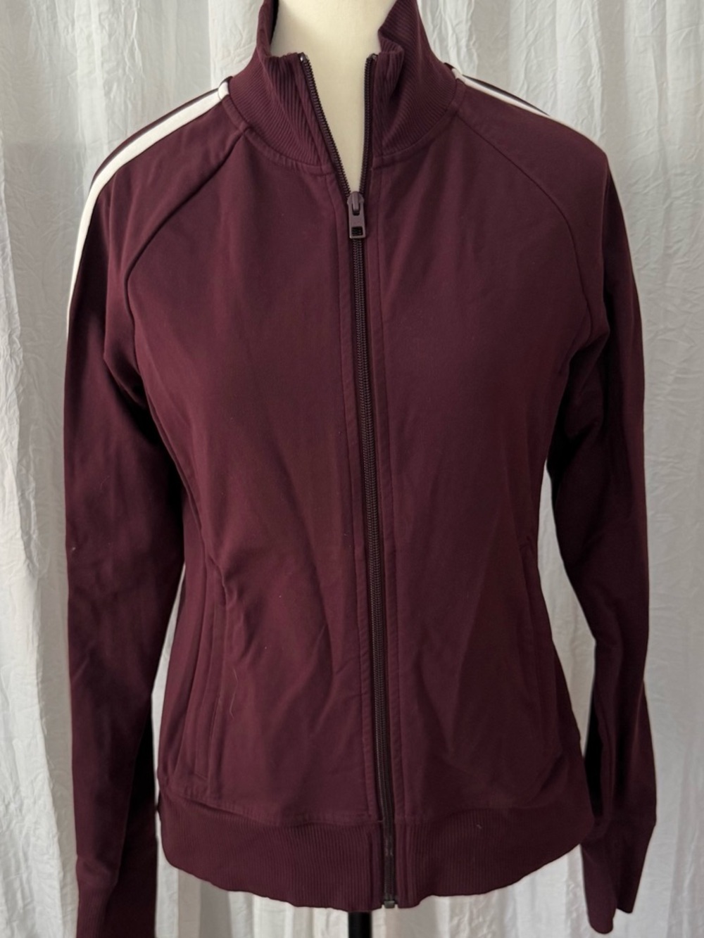 Athleta Burgundy Track Jacket Small | Full Zip Thumbholes Athletic Stripe